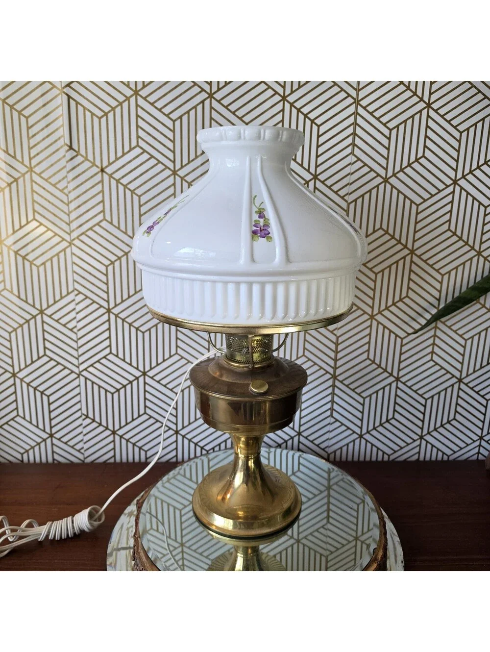 Vintage Kerosene Oil Style Brass Lamp Mill Glass Shade Purple Floral Hong Kong